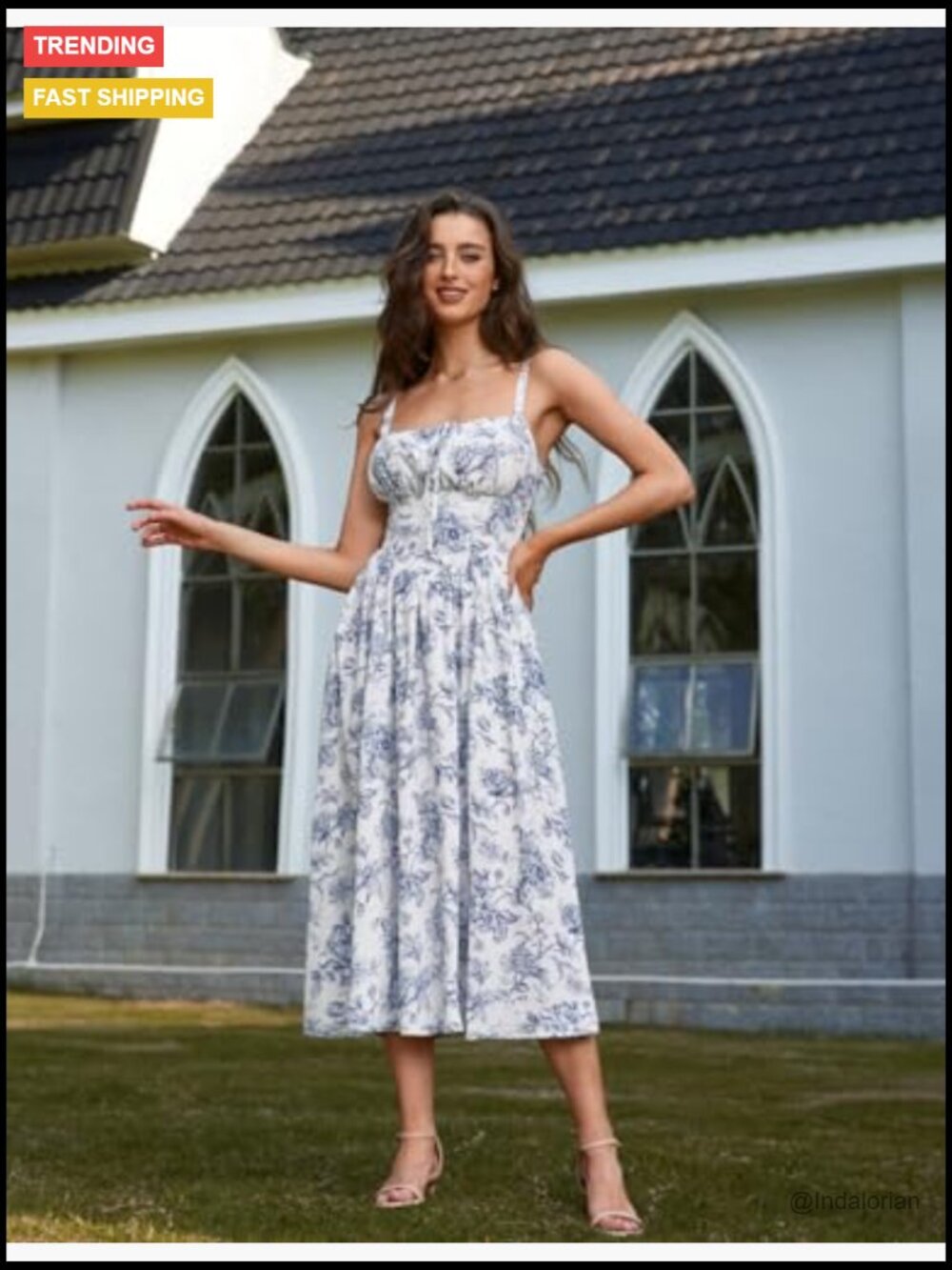 Womens Floral Midi Corset Dress Sundress with Pockets - Picture 2 of 7